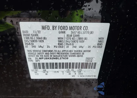 2022 Lincoln Nautilus Reserve z USA, uszkodzony, nr VIN 2LMPJ8K92NBL27639